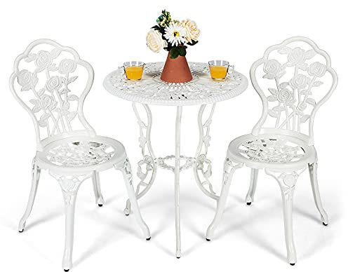 COSTWAY Set Tavolino e Sedie da Giardino, Set da Bistro con Sedie in Alluminio e Ghisa, Mobile da Esterno con Tavolino Rotondo e 2 Sedie, Tavolino Portato 45 kg, Sedia Portata 150 kg (Bianco)