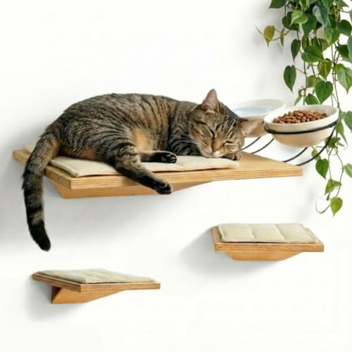 7 Loki LINE Wall Mounted Cat Shelves with Elevated Ceramic Feeding Station–Scandinavian Floating Design, Solid Plywood, Two Climbing Steps with Cotton Mats, Modern Cat Wall Furniture Set 300 ml Bowls
