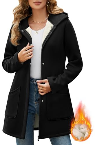 Vancavoo Hoodies Women Zip Up Long Fleece Jacket Ladies Lined Hooded Winter Warm Sweatshirts Casual Loose Coat Plus Size Tops Pullover with Pockets (Black,L)