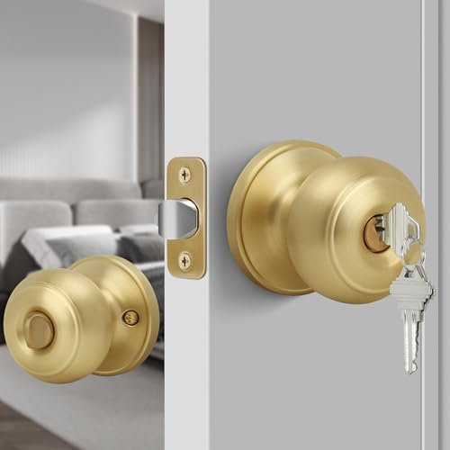 Gaurqiah Keyed Entry Door Knob, Flat Ball Interior Door Knob with Lock, Round Exterior Doorknob for Front/Entrance Doors, Satin Brass