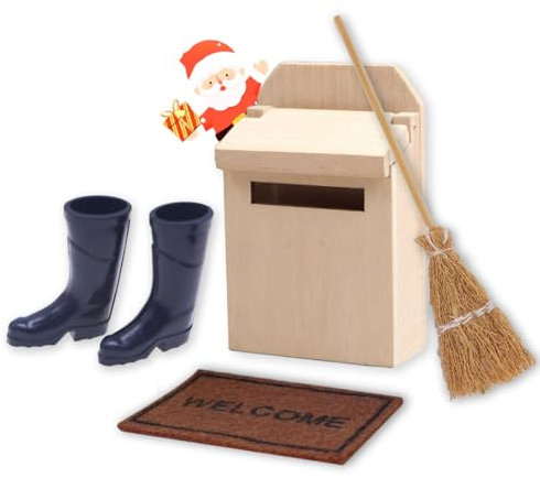 KOOKZ Miniatur Wichtel Zubehör Weihnachten Set, Mini Holz Briefkasten Teppichdecke Besen Miniatur Regenstiefel, Wichtelzubehör Miniatur Puppenhaus Zubehör Miniatur Möbel Deko