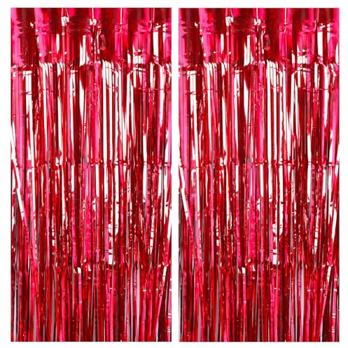 Drucilla 2 Stück Lametta Vorhang, Glitzervorhang Lametta, Folien Fransen Lametta Vorhänge, Glitzer Tinsel Curtain für Geburtstag, Party, Hochzeit Deko, 1m x 2m, Rot