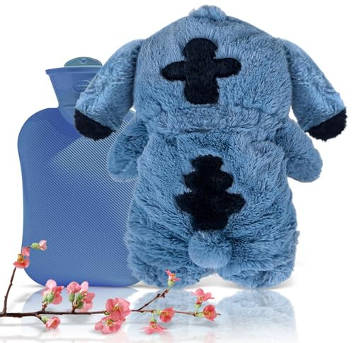 Botella de Agua Caliente, Sti-tch Botella de Agua Caliente, Bolsa de Agua Caliente para Niños, Botella de Agua Caliente de Goma con Suave Felpa Funda, Buen Regalo para La Familia o La Amigo (Azul)