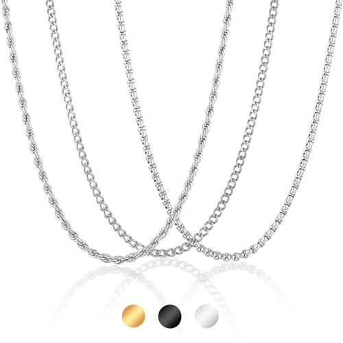 Esmoly 3 Halskette Herren Kette Herren Silber Gold Schwarz 316L Edelstahlkette 2/3/4/5/6mm Panzerkette Cuban Chain Kordelkette Weihnachten Geschenke für Männer Junge 45/50/55/60cm (Silber, 50cm/3mm)