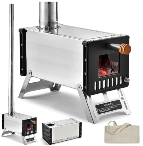 Poêle à bois de camping en acier inoxydable - Mini cuisinière portable pour l'extérieur - Facile à installer - Compatible avec les tentes, le chauffage et la cuisine