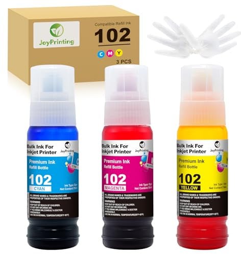 JoyPrinting 102 Ink Replacement for Epson 102 Ink Bottle Refills Compatible with Epson ET-2700 ET-2750 ET-2751 ET-2756 ET-2850 ET-2851 ET-2856 ET-3700 ET-3750 ET-3850 ET-4750 ET-15000(C/M/Y, 3-PK)