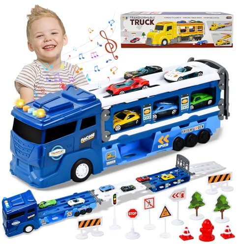 Focenat Camion Transporteur Voiture,Camion Wheels Transporteur,Transporteur Voiture Jouet Set,avec lumières et Sons comme,Pistes Pliables avec éjecteurs et 6 Mini Voitures,Cadeau pour 3 4 5 6+Ans