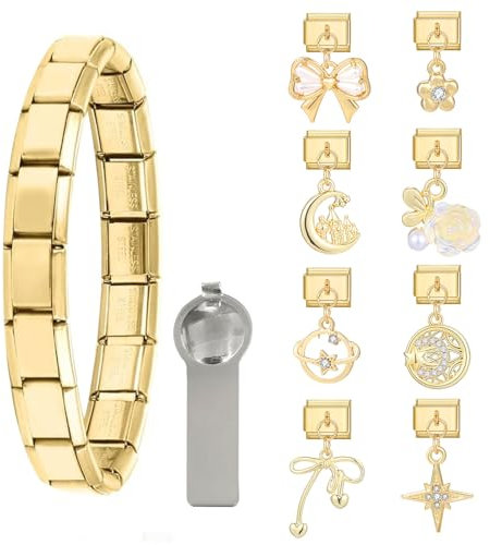 Greenyre Italian Charm Bracelet Gold,8 Additional Italian Charms with Opening Tools,Stainless Steel Italian Charm Bracelet Charms,9mm DIY Abnehmbares Module,Italian Style Charms für Damen,Mädchen