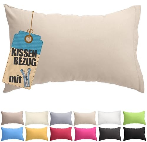 Kissenbezug 60x80 cm Beige Baumwolle - Reißverschluss verdeckt | Kissenhülle einfarbig, waschbar, atmungsaktive Baumwoll-Mischgewebe (85% BW, 15% Poly), Kopfkissenbezug, viele Variante