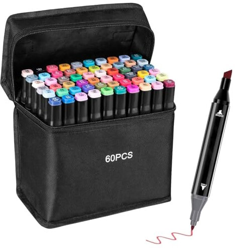 Alcohol Markers, Dual Tip Art Markers, Colouring Pens for Adult, Marker Pens Supplies Perfect for Painting, Coloring, Sketching and Drawing (Black 60)