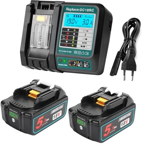 Powarobor 2x BL1850B 18V 5.5Ah Batteria di ricambio agli ioni di litio Compatibile con Makita 18Volt BL1830 BL1850 BL1860B con indicatore LED con kit caricabatterie