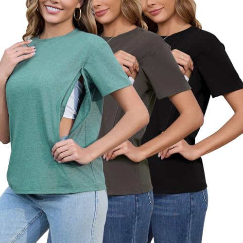 Love2Mi Lot de 3 t-shirts d'allaitement avec fermeture éclair cachée, ouverture d'allaitement, court t-shirt d'allaitement pour femmes enceintes, Noir/anthracite/vert chiné, L