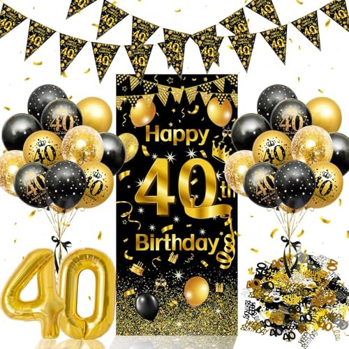 40 Geburtstag Deko,Rainllon Konfetti Deko 40 Geburtstag Männer Frauen,40. Geburtstagsdeko Luftballons Schwarz Gold,Geburtstagsdeko 40 Jahre Lange Banner Hintergrund für Frau Mann