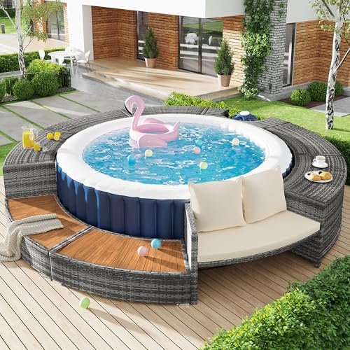 Soweiz Set lounge da giardino con divano rotondo, set di mobili da giardino per vasca idromassaggio e piscina con piedini regolabili incluso cuscino, mobili per terrazza, giardino o piscina