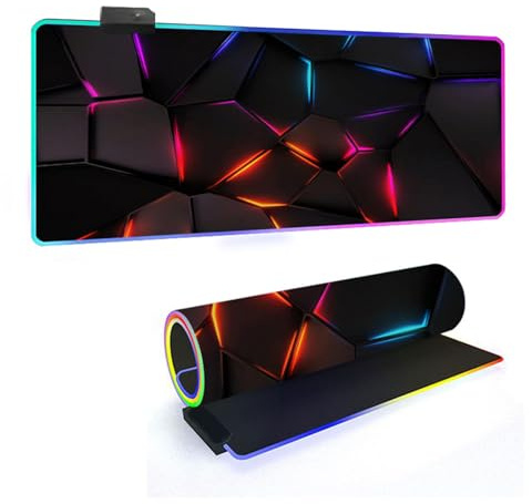 Mateju 3D Geometrie RGB Mousepad, rutschfeste Gummibasis Mauspad, Mousepad XXL/XL/l 14 Beleuchtungs Modi und 7 LED Farben, Gaming Mauspad mit Vernähte Kanten (Bunt,800x400x4mm)