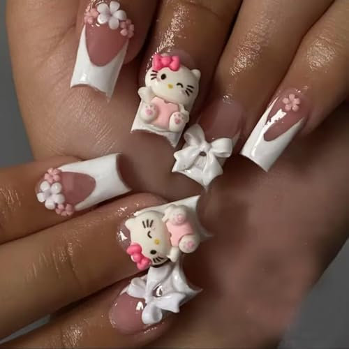 MouyouGlow Press on Nails Lang,Square Weiß French 3D Kitty Carton Blumen Floral Schleife Fliege Bow Cute Kawai Y2K Fake Nails mit Nagelkleber,White Tips Sweet Künstliche Fingernägel
