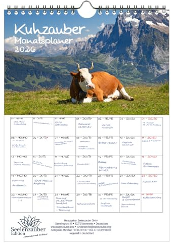 Kuhzauber Planer DIN A4 Kalender für 2026 Kühe Rind Kalb - Seelenzauber