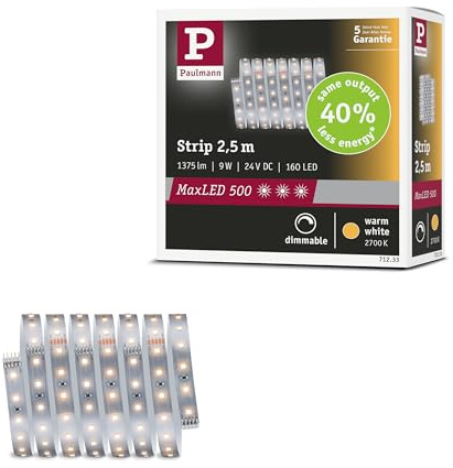 Paulmann MaxLED 500 Strip 2,5 m Warmweiß Silber | Dimmbar, 2700K, 9W, 550lm/m, selbstklebend, kürzbar, vielseitig einsetzbar