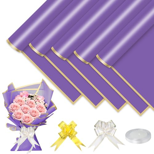 YFLeomry 25 fogli di carta floreale da 58 x 58 cm, viola con nastro | Bouquet di fiori di carta impermeabile, per confezioni regalo, fioritura e artigianato