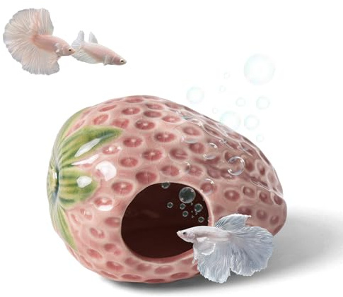 Deapeey Aquarium Decor Cave Betta Fish Aquarium Accessories Ornaments Hiding Cave Strawberry House Hideout for Shrimp Cichlid Hermit Crab, Octopus Hiding Breeding for Tank (Pink)