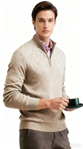 Shuanghao Jersey Suéteres para Hombre con Cremallera 1/4 Sudadera Sweater de Punto sin Capucha Fino Cálido Otoño Invierno,Suéter de Trabajo para Pullover Vestir Ropa Camiseta Hombres Beige L
