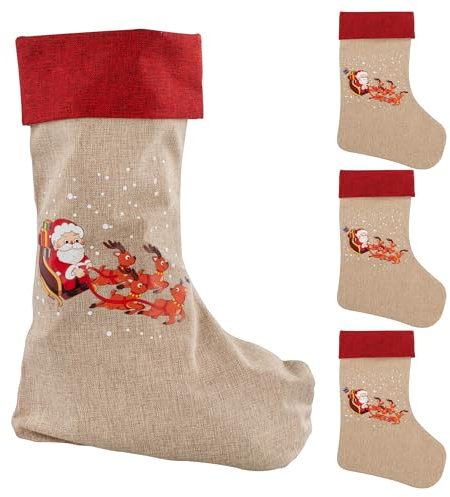 Idena 90477 - Weihnachtsstrümpfe ca. 31 x 46 cm, 4 Stück, Stoffstrümpfe in Rot und Braun mit Weihnachtsmann im Rentierschlittten und Aufschrift Frohe Weihnachten, Socke mit roter Schlaufe