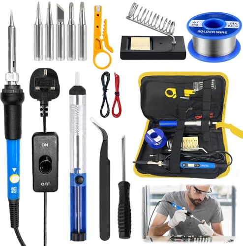 15-in-1 Soldering Iron Kit, 60W LCD Adjustable Temperature 180-520°C, Welding Tools with 5 Soldering Tips, Desoldering Pump, Tin Wire Tube, Stand, Tweezers