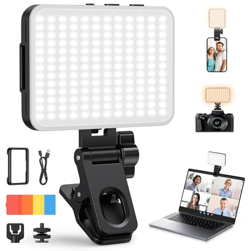 RHXJ 156 LED Selfie Light, 2000mAh Rechargeable Portable 3 Modes with Clip and Camera Tripod Adapter for Laptop/Phone/Vlog/TikTok/Makeup