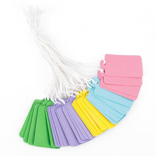 jijAcraft Pastellfarben Klein Preisetiketten mit Fäden: 25 × 45mm Mini Hängeetiketten Flohmarkt, 200 Stück Preisschilder Anhänger zum Beschriften, Markierungsetiketten für DIY, Kleidung, Schmuck
