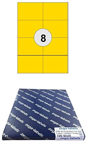 800 Etiketten 105 x 74 mm GELB selbstklebend auf DIN A4 Bögen (2x4 Etiketten DIN A7) - 100 Blatt Pack - Universell für Laser/Inkjet/Kopierer einsetzbar - 105x74 8-teilig