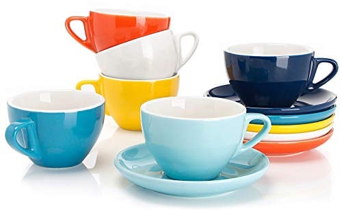 Sweese Porcelain Cappuccino Cups with Saucers - 6oz for Tea or Coffee, Drinks, Mocha Coffee Latte and Special - Pack of 6 Casual 6oz Hot Assorted
