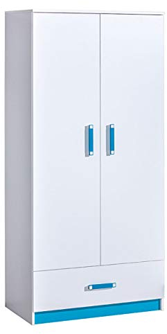 Kleiderschrank Trafiko TR01, Elegantes Drehtürenschrank mit Kleiderstange und Schublade für Jugendzimmer, Farbauswahl (Weiß/Weiß + Türkis)