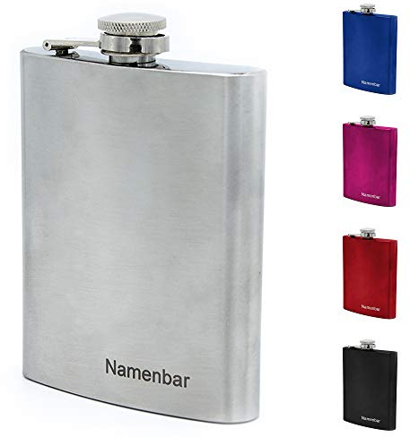 Flachmann mit Namens Gravur, Edelstahl, individuelle Geschenkidee zur Hochzeit, zum Geburtstag oder mehr! (Silber)