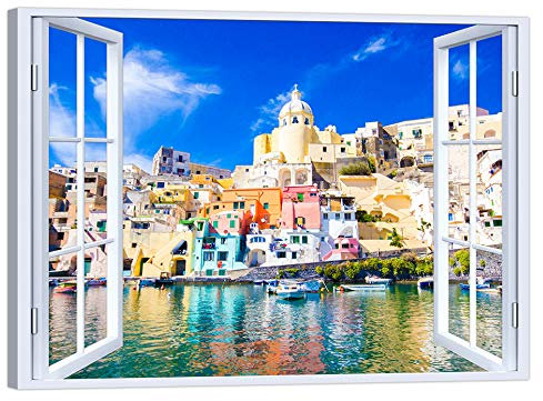 LuxHomeDecor Quadro Finestra procida Napoli 100x75 cm Stampa su Tela con Telaio in Legno Arredamento Arte Arredo Moderno