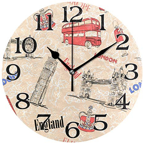 linomo Vintage England London Wanduhr Dekoration, geräuschlos, Nicht tickend, runde Uhr leise für Küche, Wohnzimmer, Schlafzimmer, Badezimmer, Büro