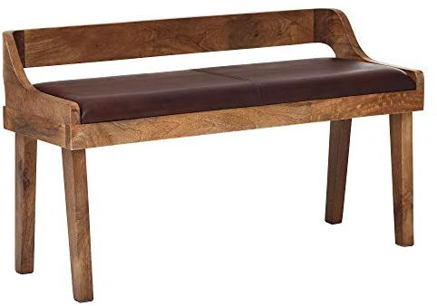 Wohnling Sitzbank Echtleder/Massivholz Bank 108x63x43 cm, Polsterbank mit Rückenlehne, Bank Flur Schlafzimmer Braun, Kleine Bettbank Leder