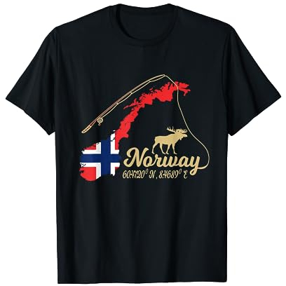 Norwegen Landkarte Angel Elch mit GPS Koordinaten Angelrute T-Shirt