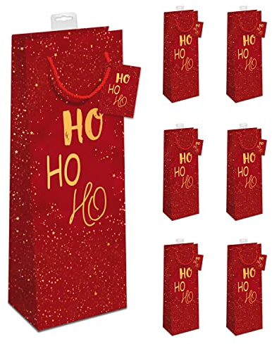 PremiumLine Geschenktaschen für Flaschen Weihnachten 6 Stück | Flaschentüten edle Geschenktüten für Wein Sekt Champagner | farbige Kordel, Namenskarte | Ho Ho Ho | Skorpion Papeterie