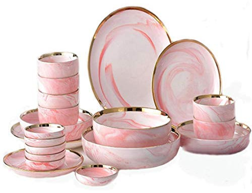 MYYINGBIN 20 Piece Dinner Set Pink Marble Phnom Penh Ceramic Dinnerware Set Service For 6 People