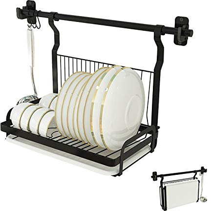 Égouttoir Vaisselle Mural Noir,Support À Vaisselle,avec Bac De Récupération Coulissant,Charge 60kg,Solide Et Robuste,égouttoir À Vaisselle en Acier Inoxydable,Crochets Suspendus en S