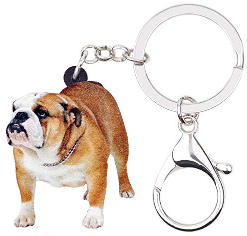 DUOWEI Süß Acryl Braun Bulldogge Schlüsselanhänger Tier Handtasche Charme Geschenk Für Damen Mädchen (Braun Und Weiß)