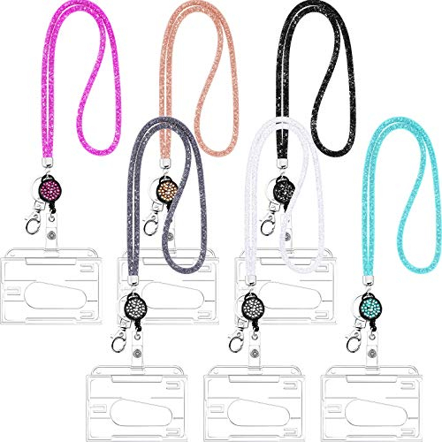 6 Stücke Kristall Lanyard Halskette mit Personalausweis Halter und Schlüsselring, Bling Strass Ausweishüllen Lanyard Gurt Klar Abzeichen Halter Und Nacken Gurt für ID Abzeichen Kartenhalter