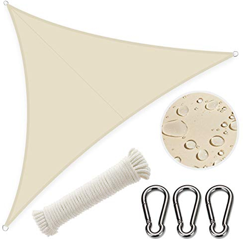 Sonnensegel Dreieck 3 x 4 x 4m inkl. Befestigungsseile, Sonnendach Sonennschutz mit UV Schutz, Wasserabweisend, Wetterbeständig für Garten Patio Terrasse, Beige [130]