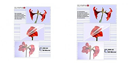 Olympia 9166 Laminierfolien, 80 Mic, DIN A4, 100 Stück & en, 80 Micron, DIN A3, 50 Stück