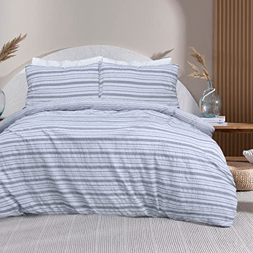 Sleepdown Juego de Funda de edredón Reversible de Rayas de Seersucker Gris, Juego de Ropa de Cama, Suave y fácil Cuidado, Doble (200 x 200 cm)