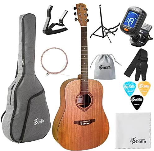 Soldin 41 Zoll Dreadnought Akustikgitarre aus Mahagoni Bundle Kit mit Gigbag,Gitarrenständer,Stimmgerät,Gurt,Kapodaster,Saiten,Reinigungstuch und Plektren – Natur