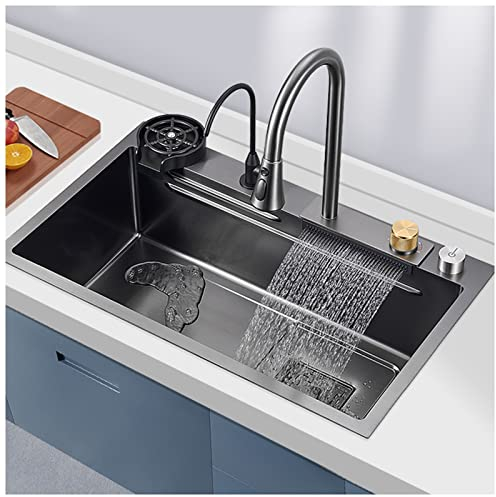 Fregadero De Cocina Artesanal De Acero Inoxidable 304 Fregadero De Barra De Cascada Multifuncional Fregadero Nano RV Negro con Grifo Extraíble Y Lavadora De Taza (Color : Black, S : 80x45x22cm)