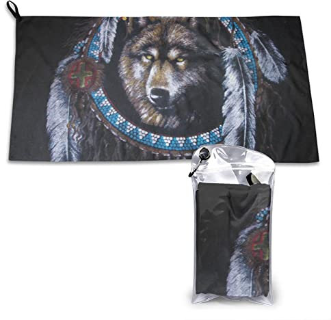 AROONS Schnell trocknendes Handtuch mit Tasche – Indianer-Wolf, bedruckt, super saugfähig, Mikrofaser, Reise-Sporthandtücher, 80 x 40 cm