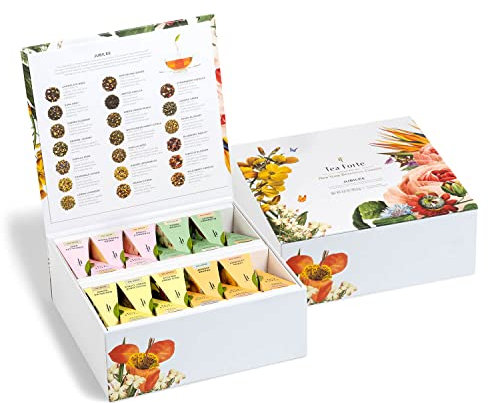 Tea Forté Jubilee con 40 bustine di tè a forma di piramide di diverse varietà da provare - con tè nero, tisane, tè oolong, tè verde e tè bianco..