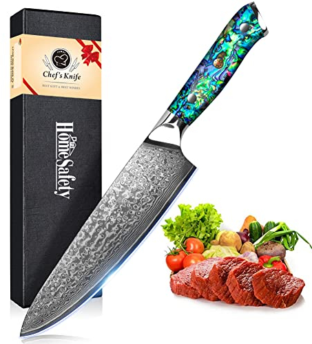 Damascus Knife Chef's Knife with Extremely Sharp 20cm Blade Made of 67 Layers of VG-10 Damascus Steel Kitchen Knife Damascus Carving Knife, Abalone Shell Handle, Gift Box